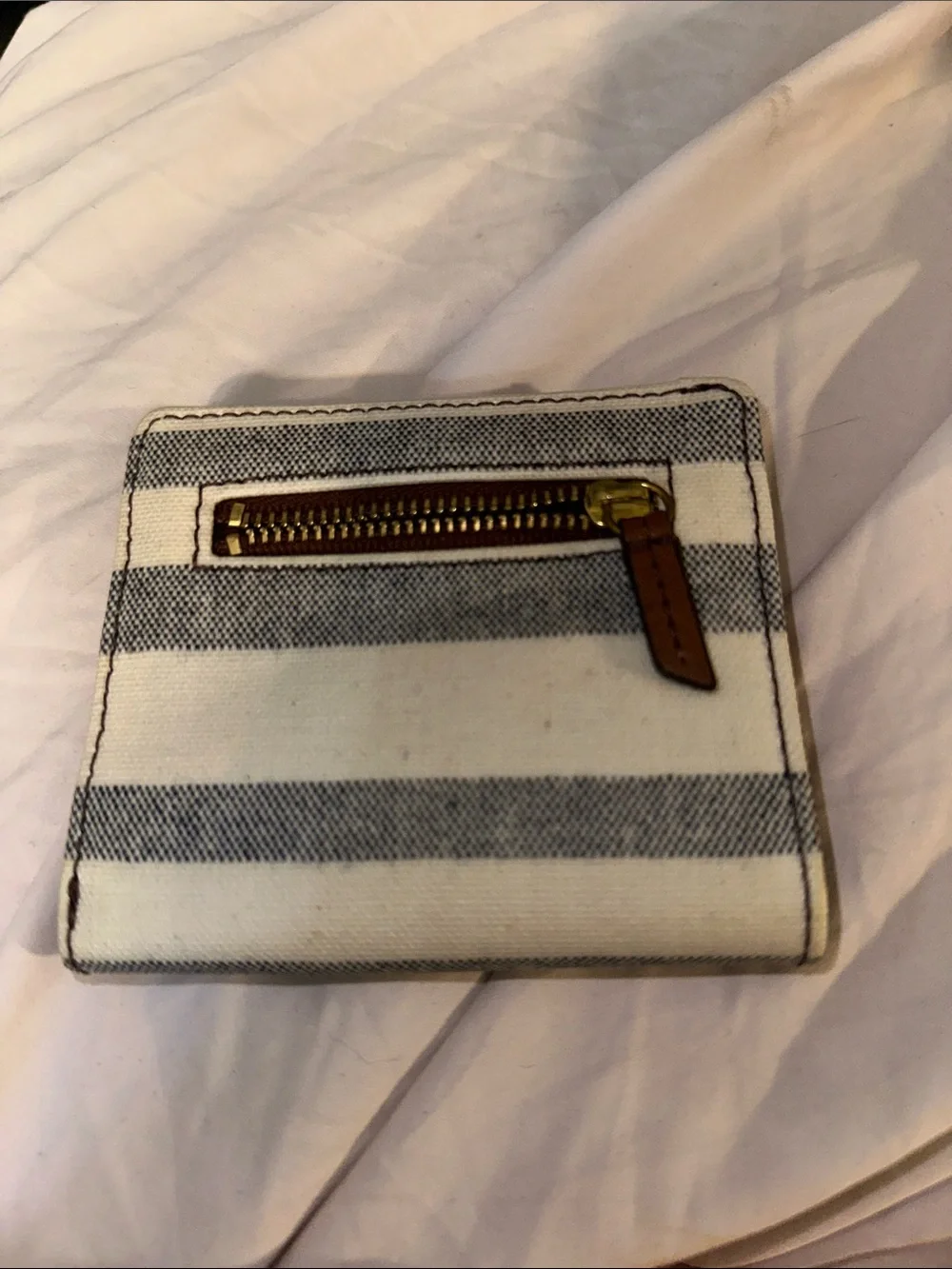 Fossil Cream and Navy Striped Canvas Wallet with Brown Leather Accent like new